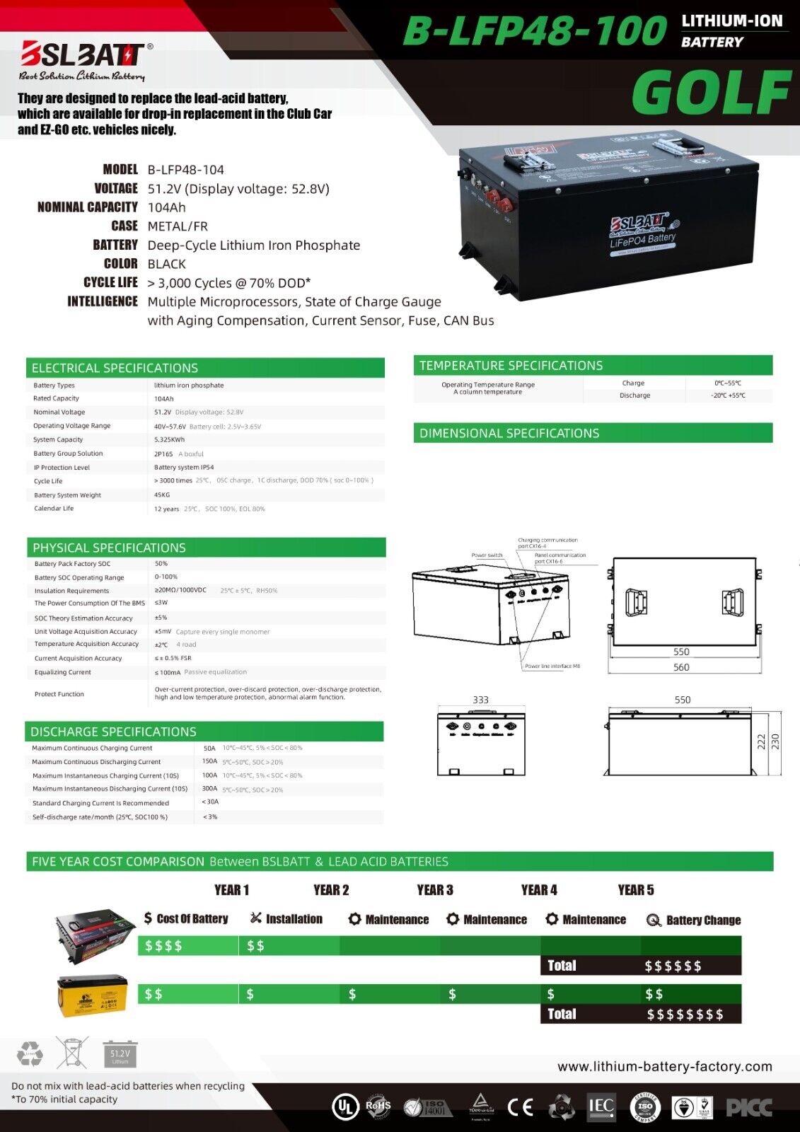 104ah bslbatt lithium battery, golf cart lithium battery, 48v lithium battery